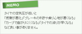 【MEMO】タイヤの空気圧が低いと「燃費が悪化」「ブレーキの利きや乗り心地が悪くなる」「カーブで曲がりにくくなる」「タイヤの減りが早くなる」など良い事がありません。