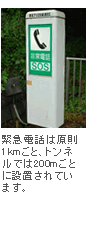 緊急電話は原則1kmごと、トンネルでは200mごとに設置されています。